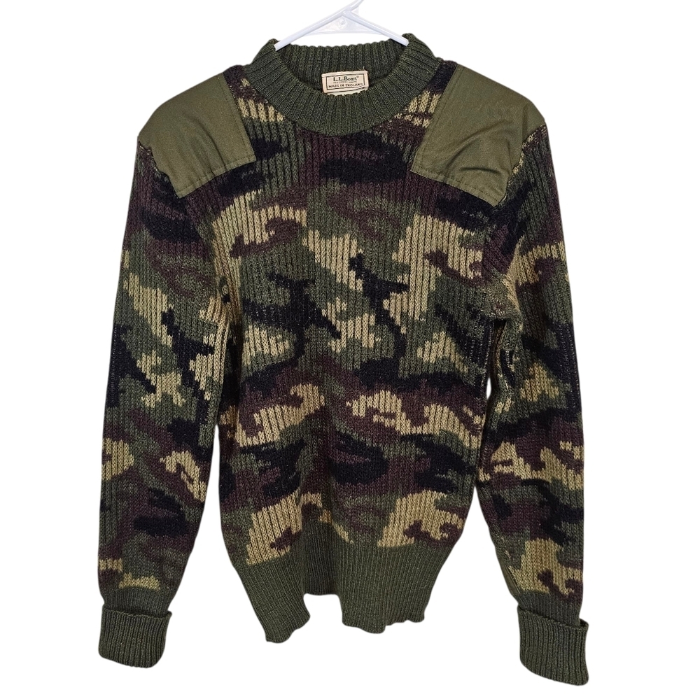 L.L.Bean Vintage Wool Camo Made In England Knit Crewneck Patchs Sweater